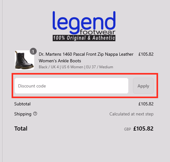 Legend Footwear basket and place for discount codes.